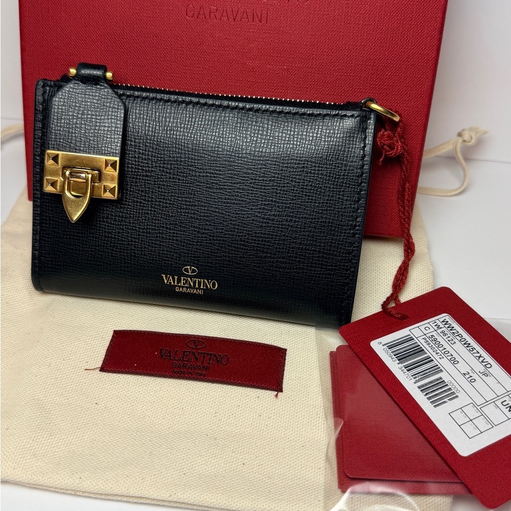 Valentino Garavani Rockstud Zipper Coin Purse Cardholder Grainy Calfskin Leather - Picture 4 of 12